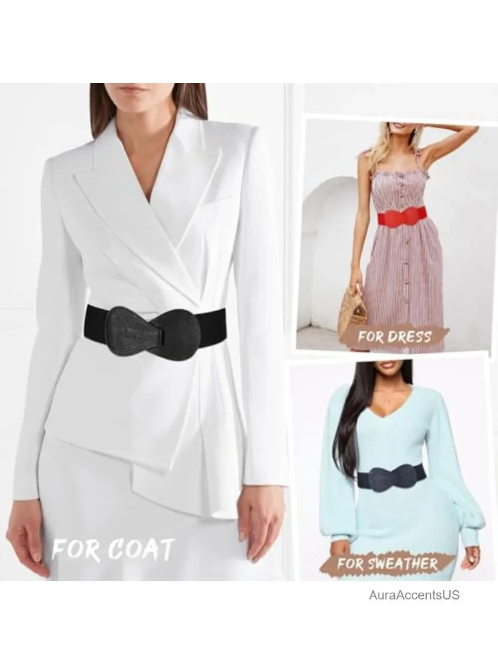 Wide Elastic Dress Belt with Interlock Leather Buckle